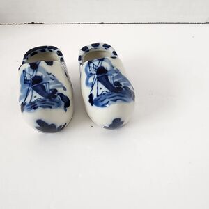 VIntage Hand Painted Porcelain Miniature Dutch Clogs Shoes Blue Delft Windmills